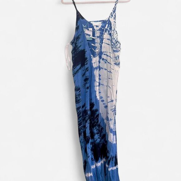 Aruba Blue & White Banded Tie-Dye Strappy Back Maxi Dress – Boho Large - Picture 6 of 7